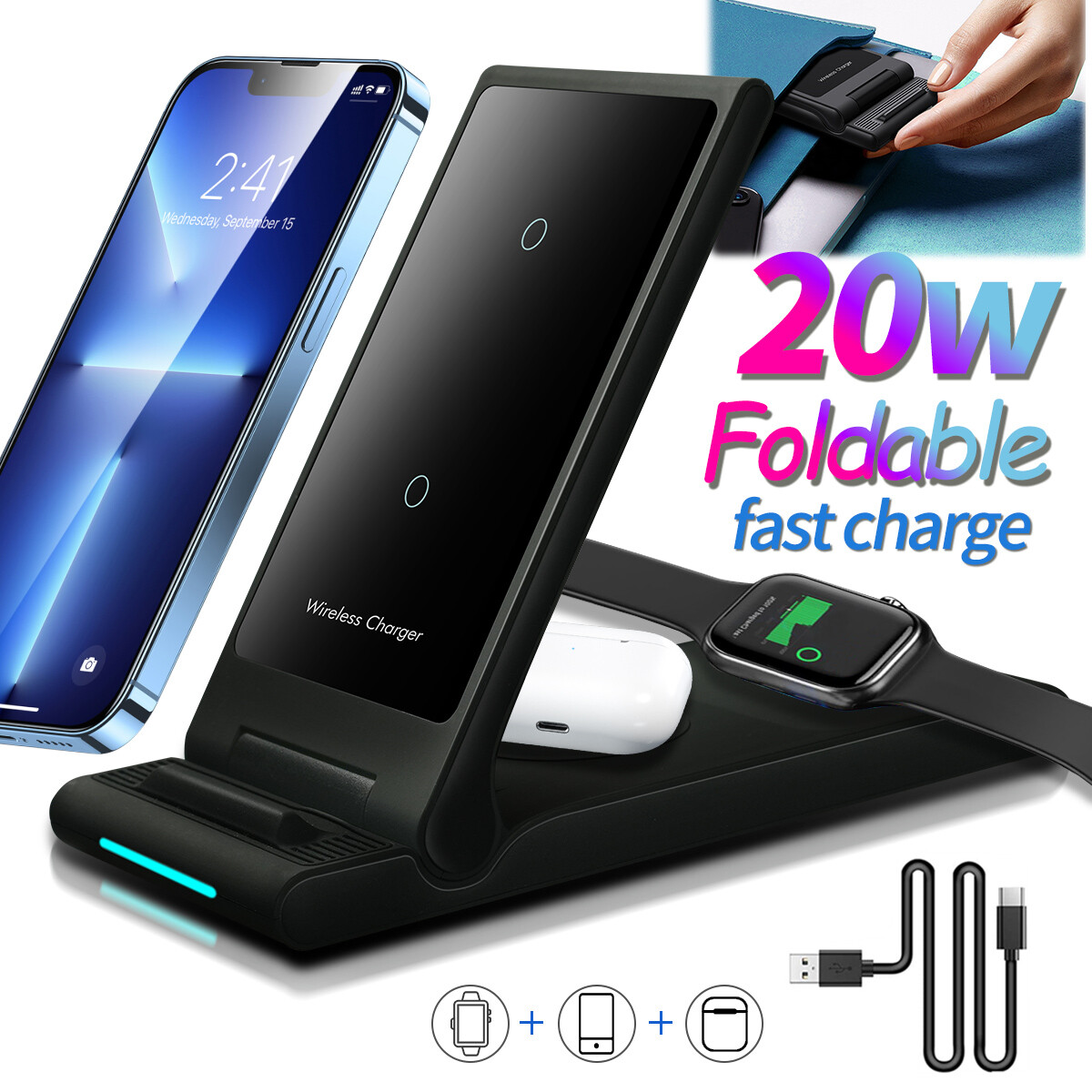 Wireless Charging Stand 3 in 1 Wireless Charger Dock for Apple Watch/iphone