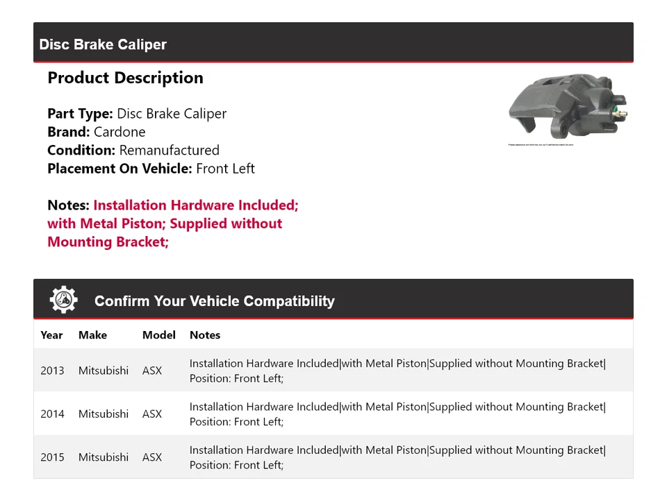 For 2013-2015 Mitsubishi ASX Disc Brake Caliper Front Left Cardone 2014 - Image 2 of 4