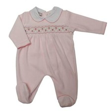 PINK SMOCKED VELOUR ROMPERS BABY GROW SLEEPSUIT HEARTS DESIGN GIRLS 0-9 MONTHS