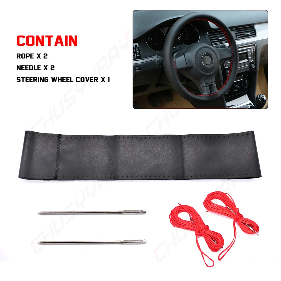 15" Black & Red DIY Steering wheel Cover Genuine Leather Fit Chevrolet Optra - Image 3 of 4