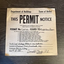 Vintage 1985 Town of Bethel NY New York Building Permit Ephemera Paper