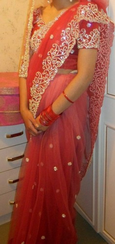 £750 RRP Swarovski pearl coral ombre Saree - Picture 4 of 5