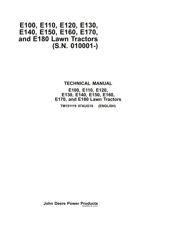 JOHN DEERE E180 E170 E160 E150 E140 LAWN & GARDEN TRACTOR SERVICE