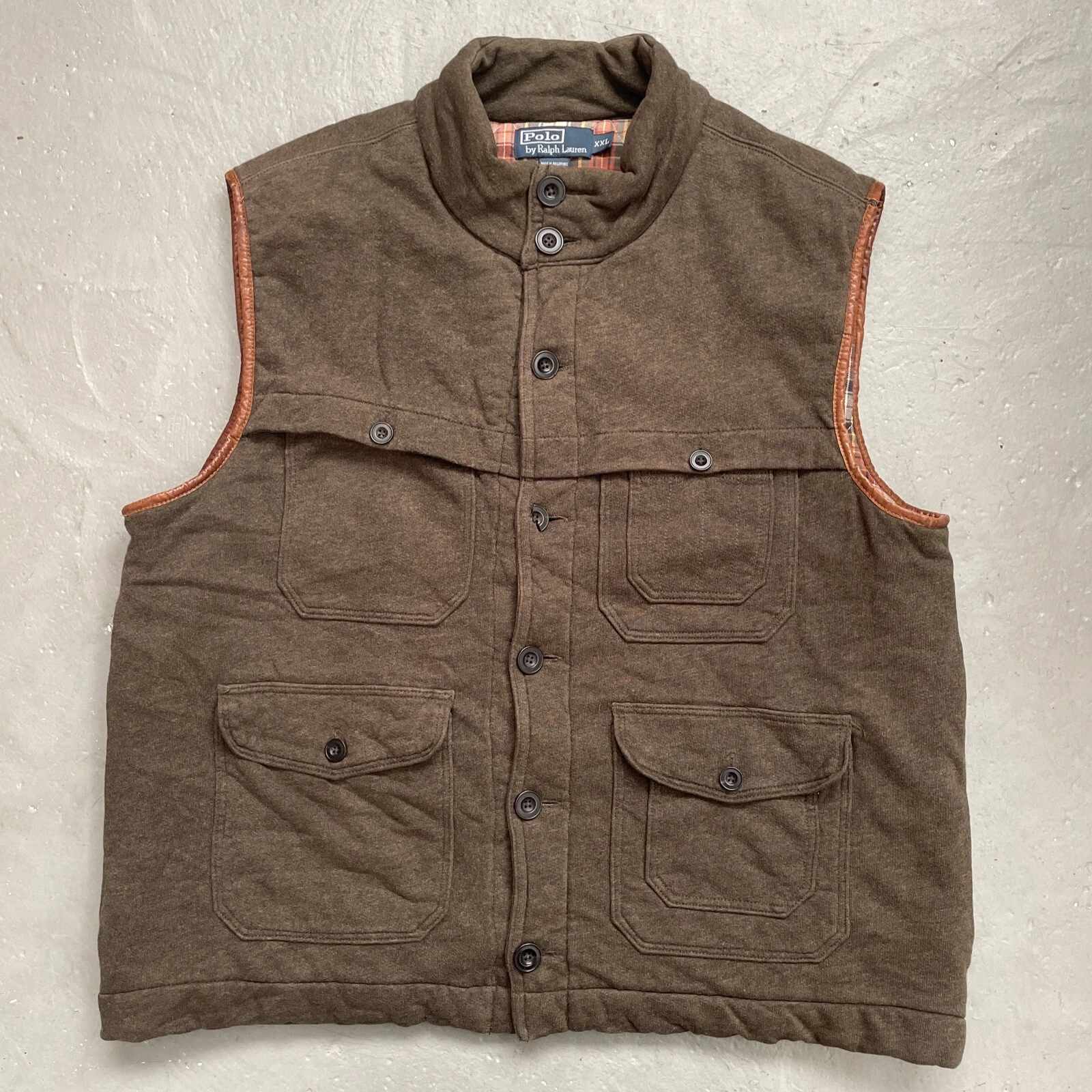Vintage Polo Ralph Lauren Thick Leather Trim Cotton Flannel Lined Vest XXL