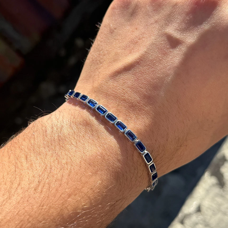 Brazalete de eslabones de zafiro azul de lujo tenis zafiro plateado Foto 3 de 4