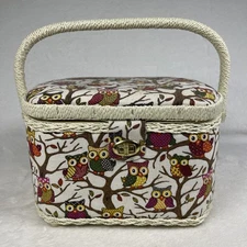 Sewing Basket Retro Fabric Owls Cream Corded Handle Filled With Notions Supplies