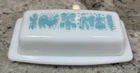 VTG Pyrex Amish Butter Dish +Lid 7" Rooster Farm White Milk Glass Turquoise Blue