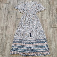 World Market Mira Kaftan Maxi Dress Women’s S/M Boho Rayon Tassel Summer Vaca