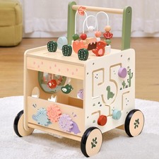 Wooden Baby Push Walker, 6-in-1 Montessori Activity Center for Toddlers, Adju...