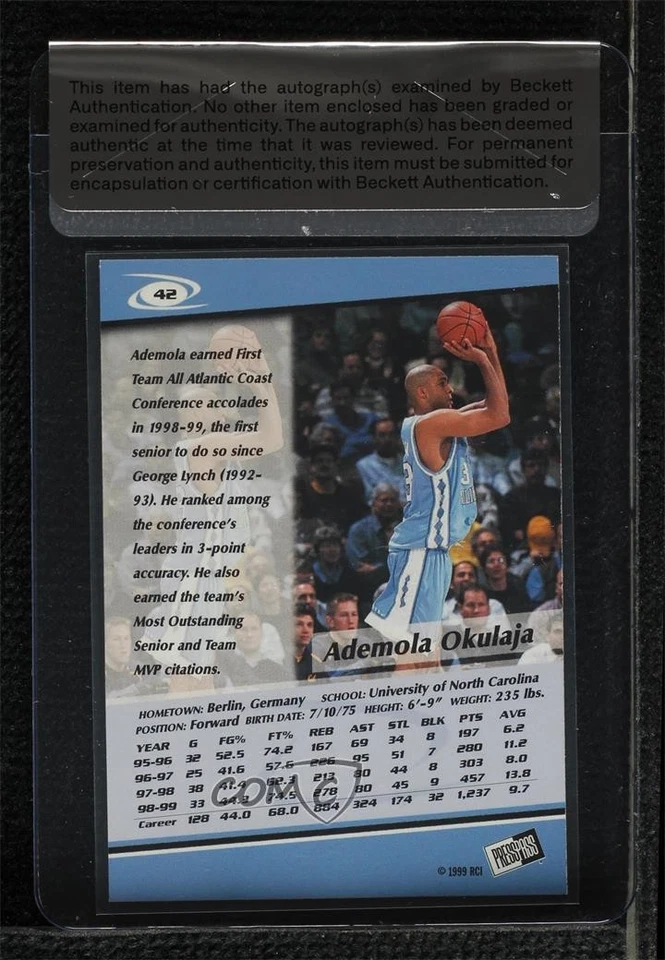 BAS 1999 Press Pass Blue Ademola Okulaja #42 Seal of Authenticity Auto - Image 2 of 2