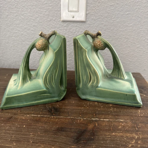 Roseville Pine Cone Green 1931 Vintage Pottery Ceramic Bookends