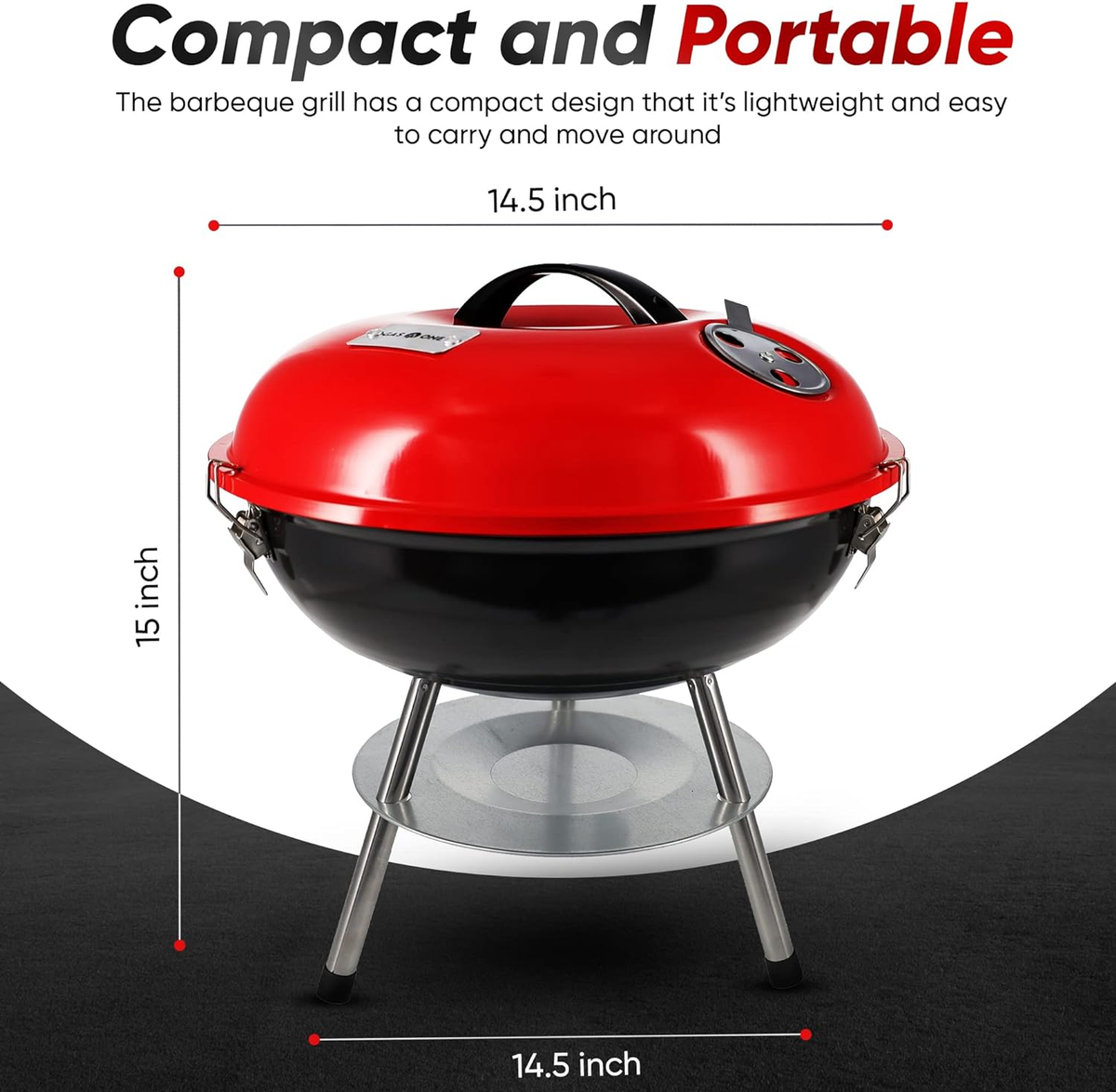 14-Inch Portable Barbecue Grill with 3-Point Locking Lid for Heat