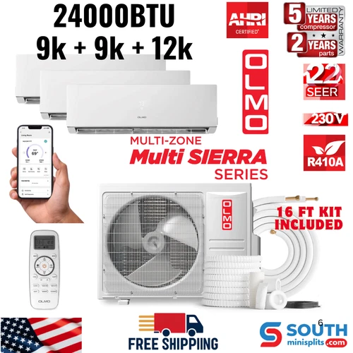 OLMO R410A 24,000 BTU Tri Zone 9K+9K+12K Wall Mount A/C & Heater with 16ft Kits