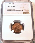 1894 1C NGC MS 64 RB Indian Head Cent, Better Date Uncirculated RED Brown Penny