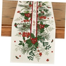 Holly Pine Christmas Table Runner Home Party 13" x 108", Table Runner Beige