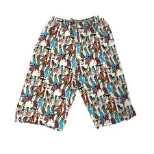Vintage 90s Cream Boho Novelty Print Shorts Colorful Women Drawing Art S