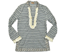 Tory Burch Size 6 Blue Floral Block Print Tunic Cotton Boho Fringe Shell Top