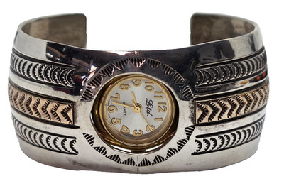 Navajo Sterling Silver & 12K Gold Filled Stamped Accent Womens Watch Cuff