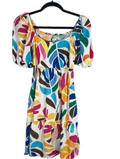 Retro Colorful Linen Dress Pink XXS Tropical Resort Travel Boho Hippie Chic Arts