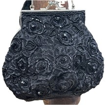 VINTAGE Beaded Black Evening Purse Silver Chain