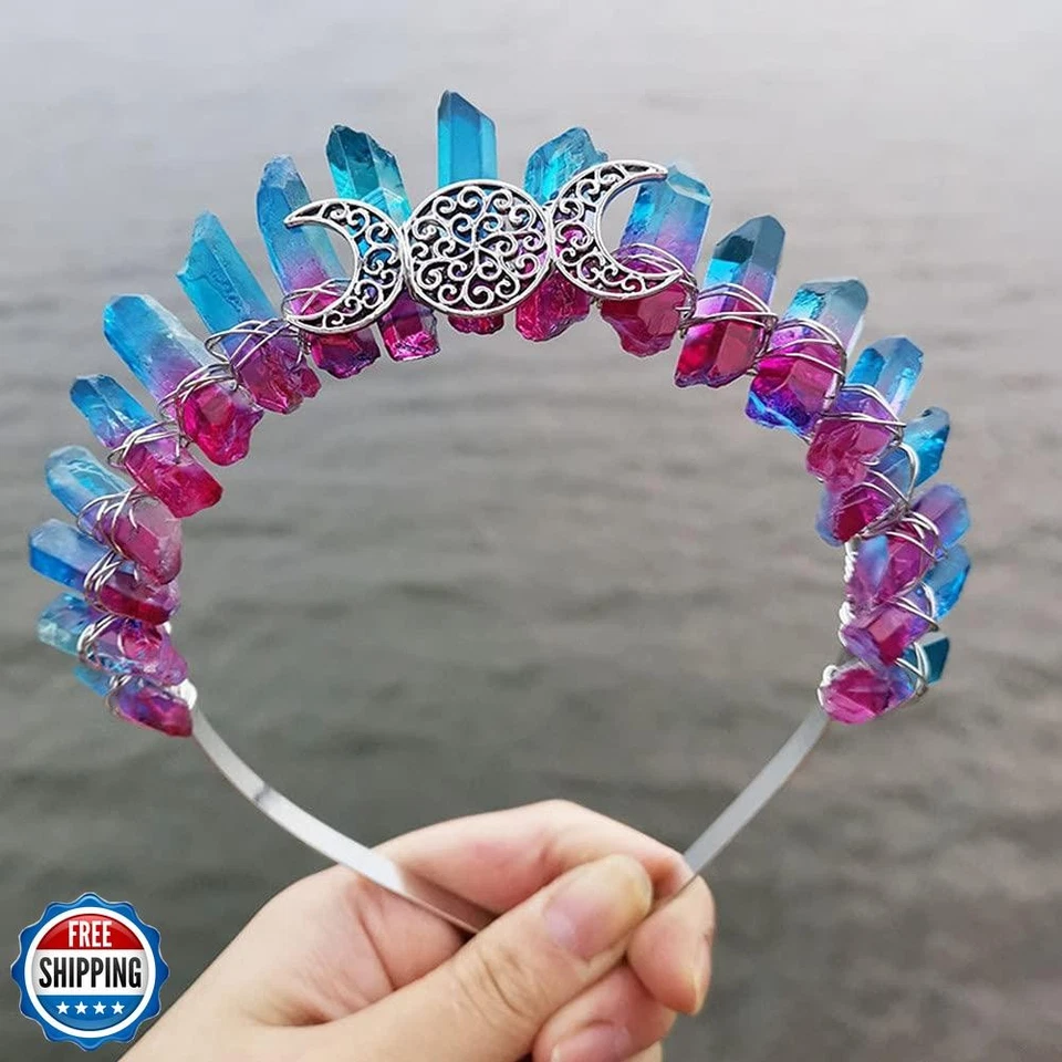 Bubbmi Raw Crystal Crown Headband Natural Quartz Rhinestone Tiara Hair Hoop W - Image 4 of 4