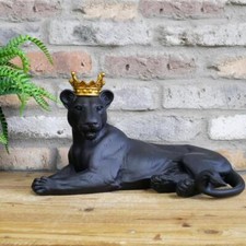 Lioness Ornament Statue Decoration Indoor Homeware Black Lion Gold Crown Laying