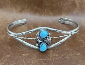 Native Navajo John Delvin Turquoise & Leafs Sterling 925 Cuff Bracelet 6 1/2