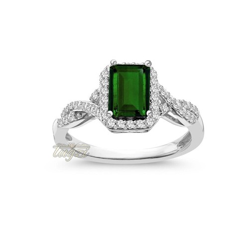 $349 SS/14KPL/925 NATURAL CHROME DIOPSIDE & TOPAZ HALO EMERALD ENGAGEMENT RING - Picture 3 of 8