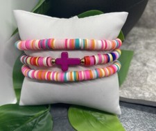 3 PC Set Heishi 7  Plus Stretch Bracelet Polymer Clay Beads Cross B3090