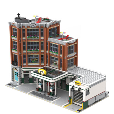 Plus-size Corner Garage Moduar Building with Apartment 4897 Pieces MOC Build