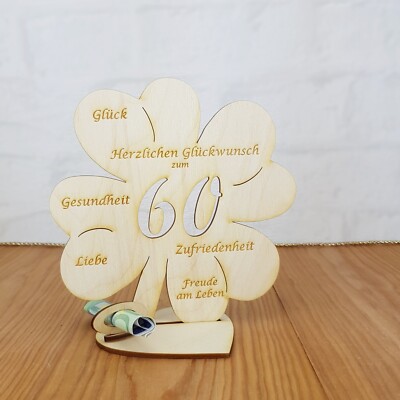 60 Geburtstag Geldgeschenk Wunschname Kleeblatt 11cm oder 16cm aus Holz