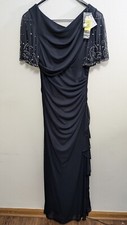 New Betsy  Adam Beaded Ruched Long Gown Navy/Silver Size 6