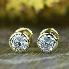 14K Gold Plated Bezel Set 6MM 2 Ct Round Simulated Diamond Stud Earrings