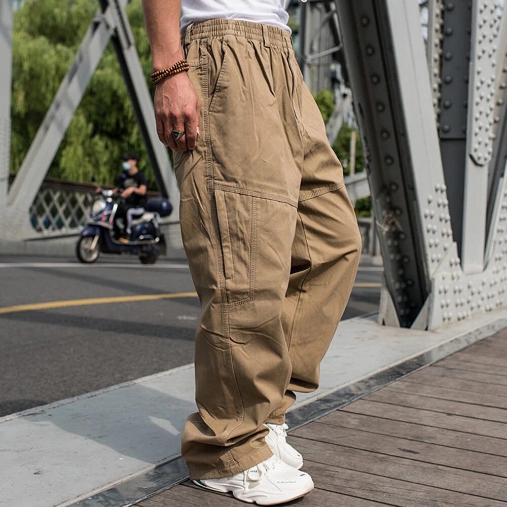New Women Men Cargo Pants Loose Elastic Waist Khakis Trousers
