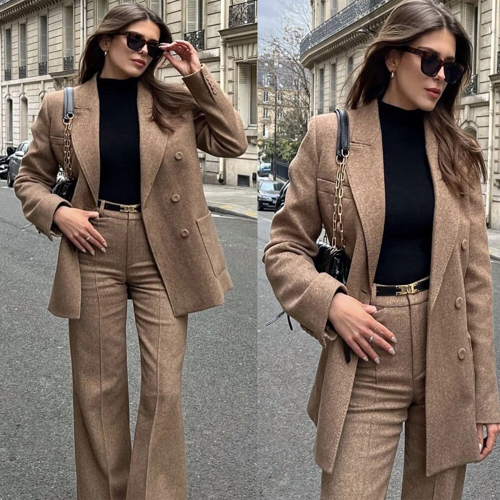 2Pcs Brown Tweed Suit for Women Herringbone Wedding Prom Ladies