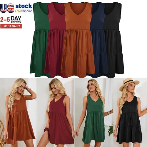 Women Summer V Neck Midi Tank Dress Ladies Casual Elastic Sleeveless Sundress - Picture 1 of 18