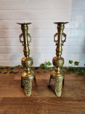 RARE Pair of Vintage Brass Asian Candle Candlestick Holder 14.5 in Tall