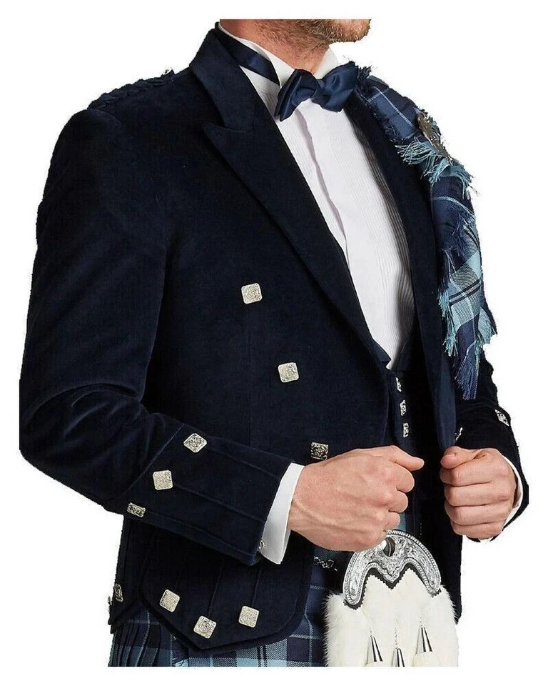 Scottish Men's Wool Blue Prince Charlie Kilt Jacket with 5 button Waistcoat