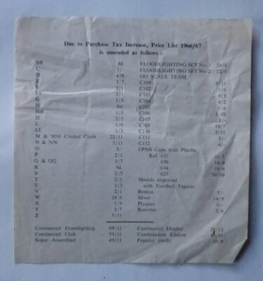 Subbuteo geänderte Preisliste 1966 Werbebroschüre Flyer Beilage Anleitung