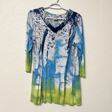 Parsley  Sage Abstract Tunic Top Blue Watercolor Lagenlook Rayon Size S V Neck