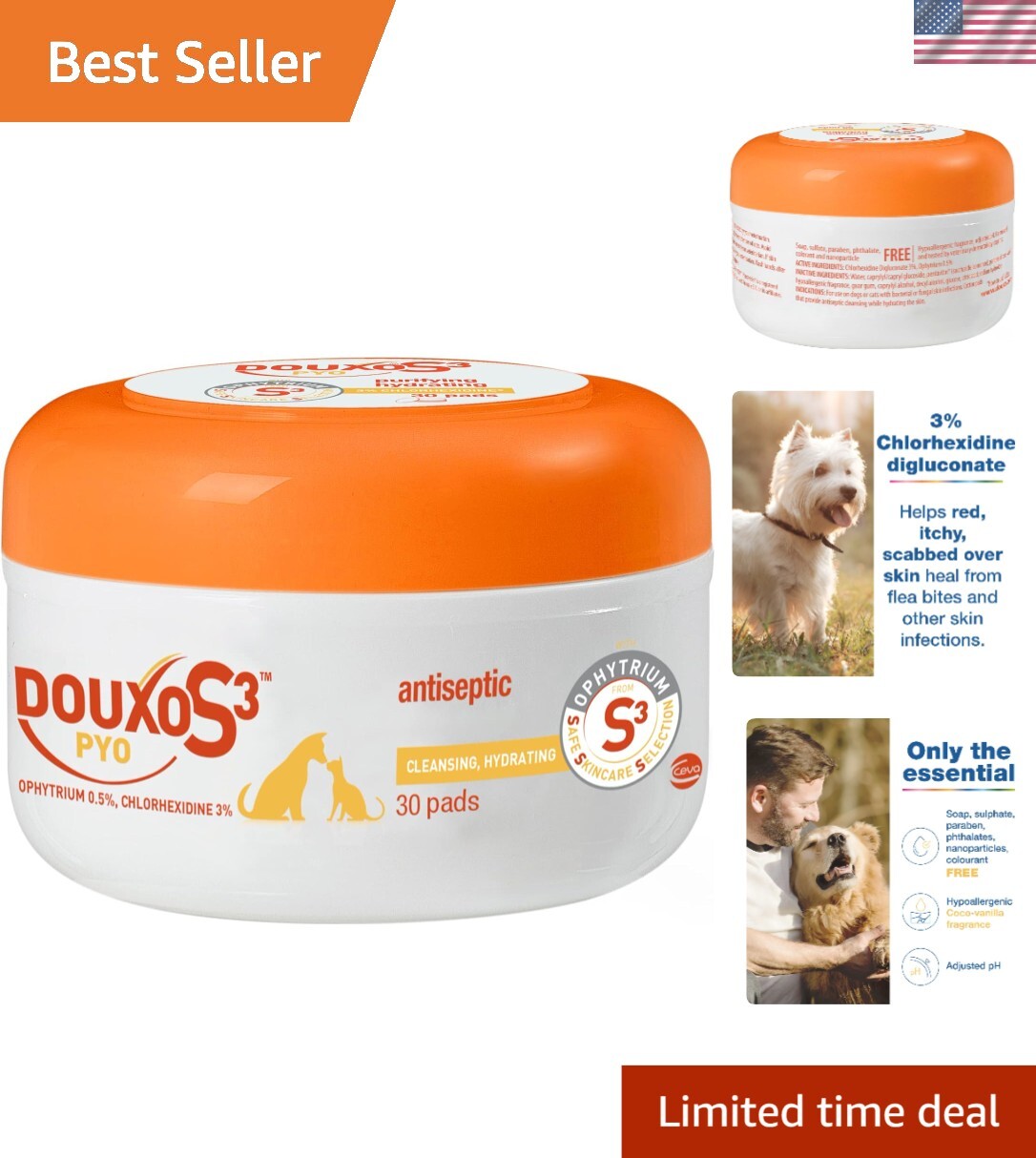 30 Anti-Fungal & Anti-Bacterial Wipes for Dogs & Cats - Vet-Recommended Care