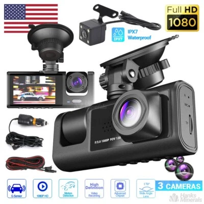 HANKS MINERALS Dash Cam Car HD 1080P Front/Rear/Inside Dual Lens Video Recorder Camera G-Sensor