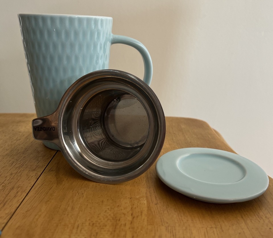 Davids Tea Coffee/Tea Mug Teal Blue Lid & Infuser Ceramic 12 Oz eBay