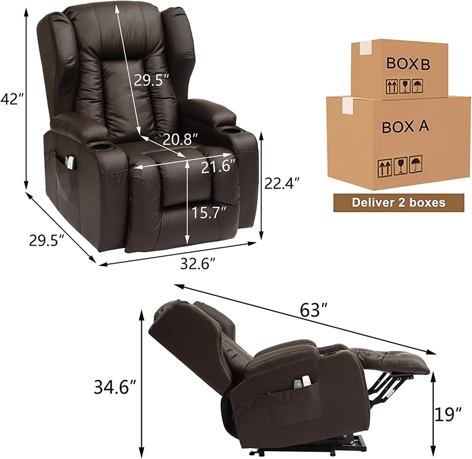 Power Recliner Sofa PU Leather Heat Massage Lift Recliner Chairs for Living Room - Image 3 of 4