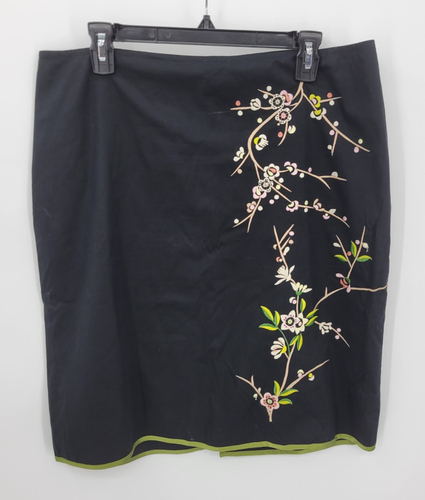 Anthropologie Skirt Womens 14 Black Floral Embroidered Pencil Artsy Lined