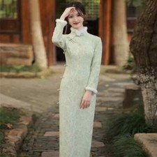 Donna Caldo Pelliccia Finta Qipao Abito Floreale Cinese Tradizionale Cheongsam