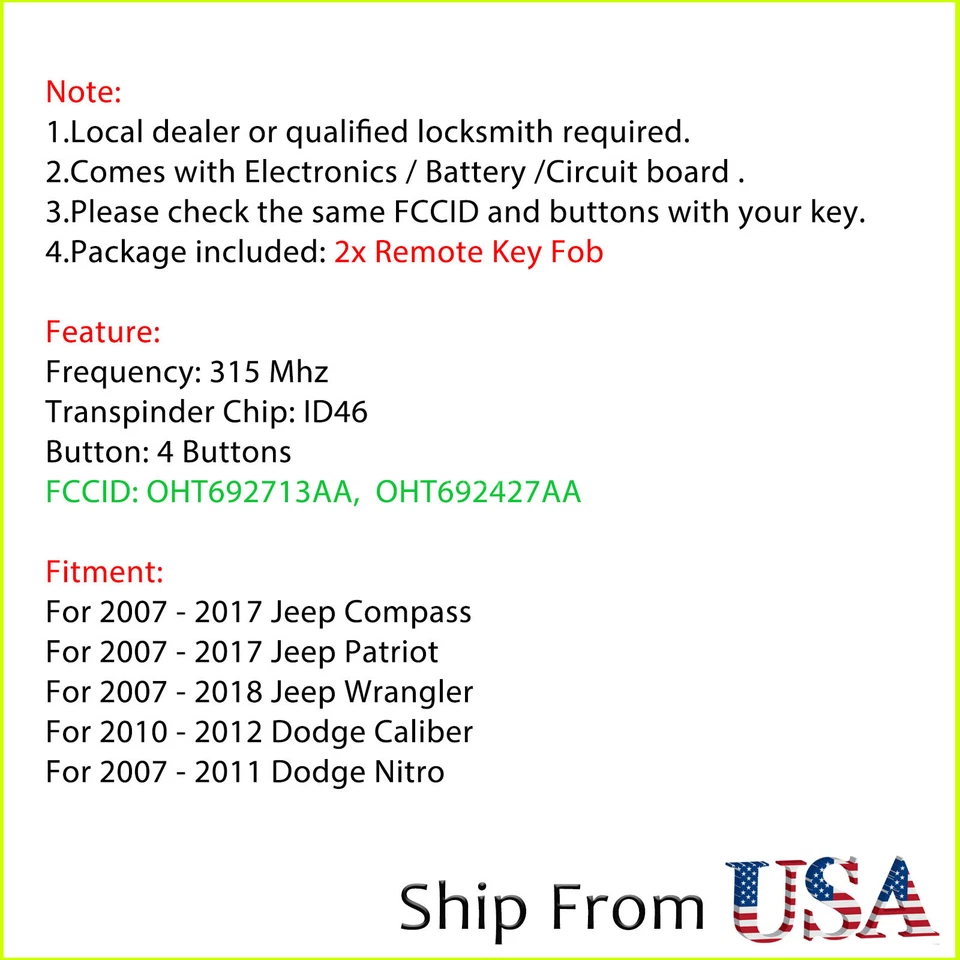 2 para Jeep Wrangler Patriot 2012 2013 204 2015 2016 2017 mando a distancia con brújula Foto 2 de 4