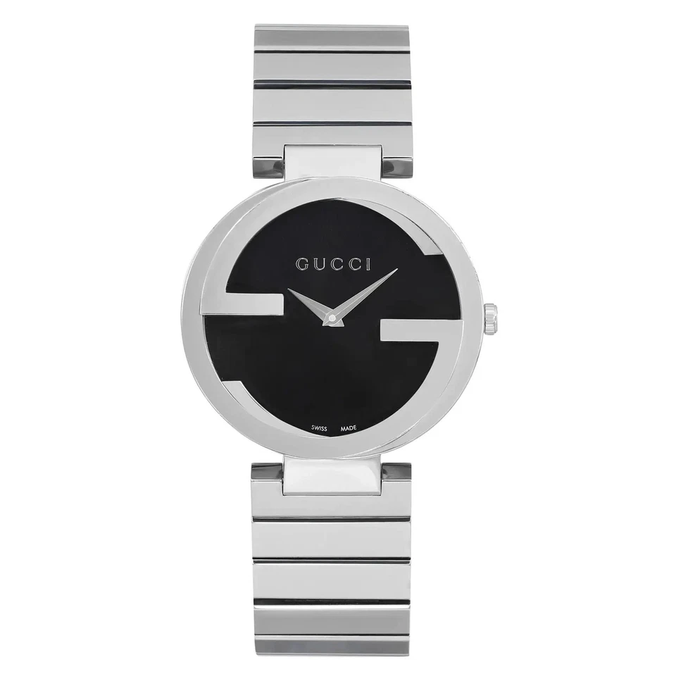 Reloj de cuarzo Gucci entrelazado G acero inoxidable esfera negra para dama YA133307