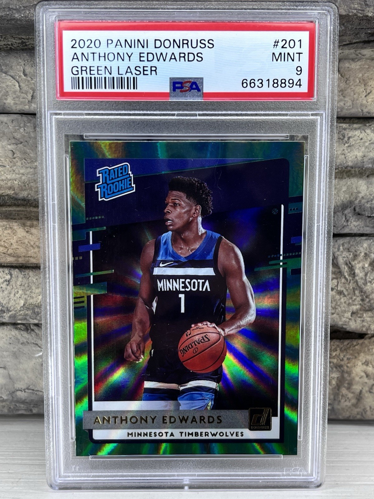2020 Panini Donruss Rated Rookie Anthony Edwards Green Laser #201 PSA Mint 9