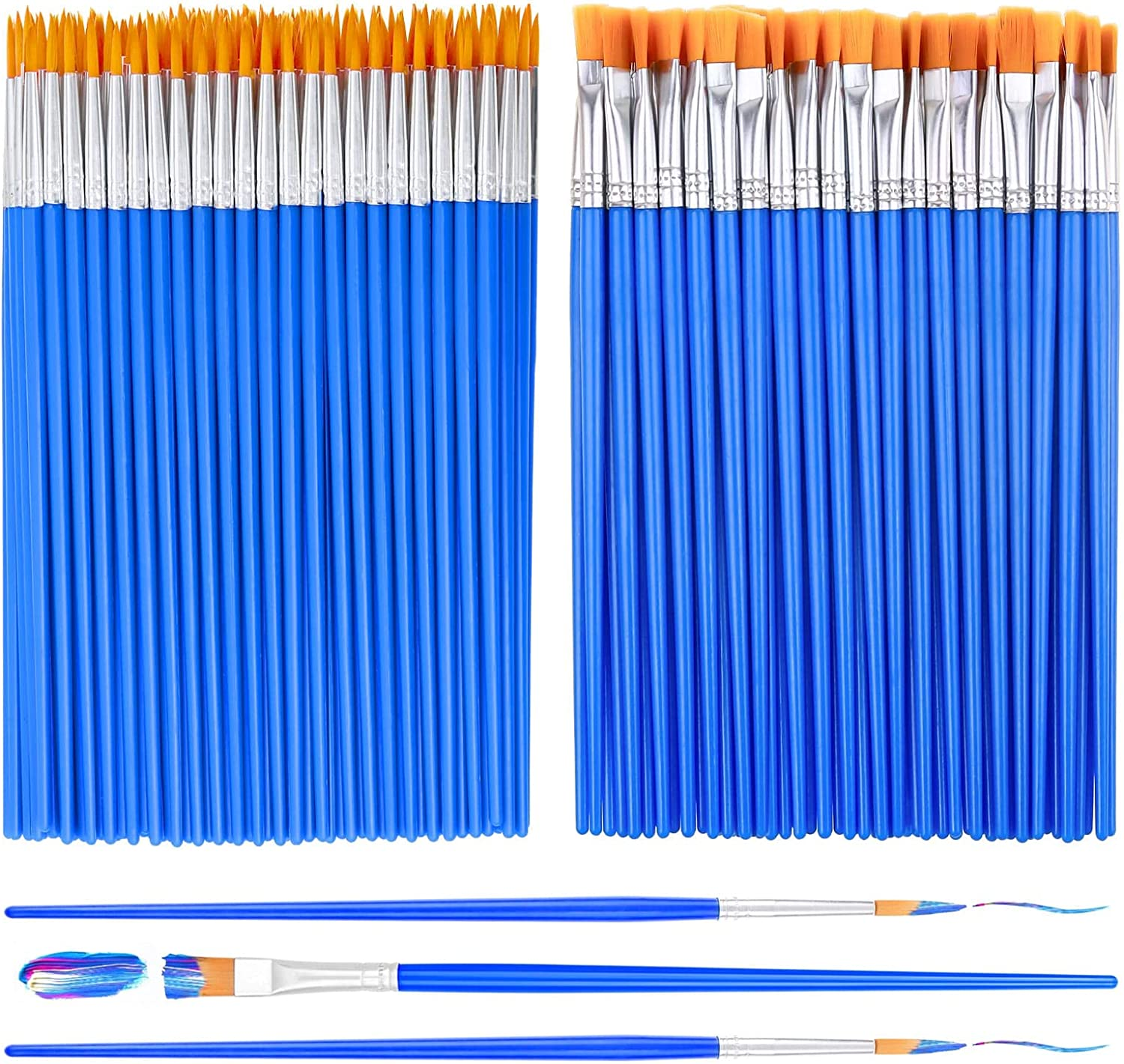 100 Pcs Kids Acrylic Paint Brushes Set - Flat & round Pointed Brushes for Craft,